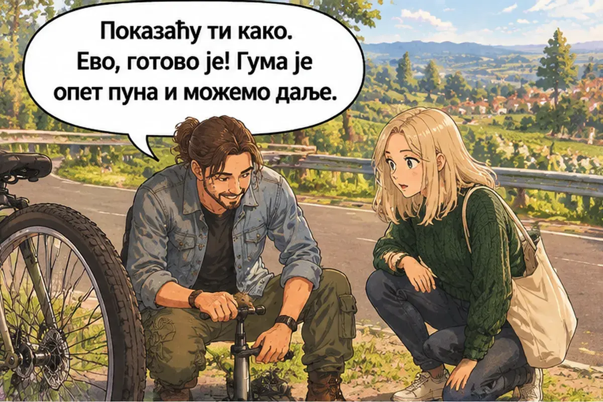 Кадр 13 из 16 к тексту «Ещё немного в гору, а потом всё под гору»: «Покажу тебе, как. Вот, готово! Шина снова полная, и можно ехать дальше.»