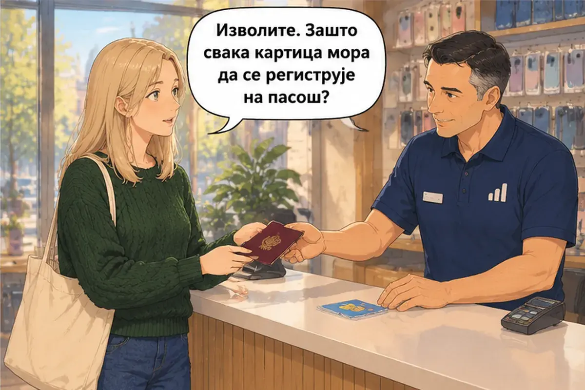Кадр 8 из 15 к тексту «Мне нужен сербский номер.»: «Пожалуйста. Почему каждую сим-карту надо регистрировать на паспорт?»