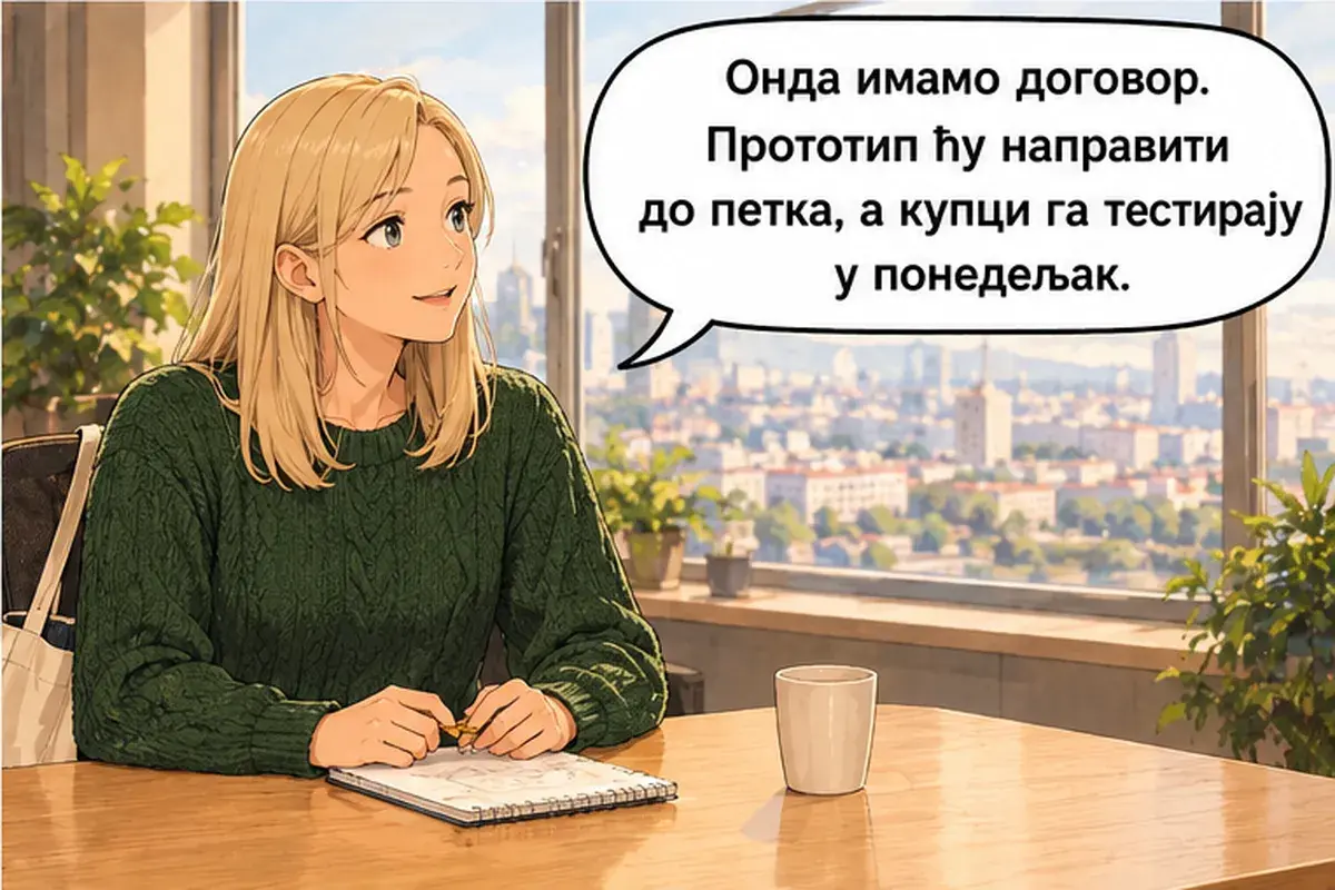 Кадр 12 из 15 к тексту «Покупатель хочет заказать бурек в три шага»: «Тогда мы договорились. Прототип я сделаю к пятнице, а покупатели проверят его в понедельник.»