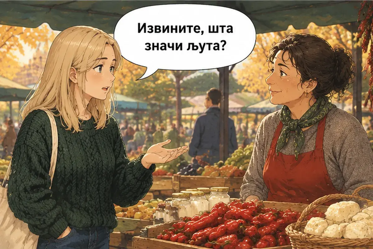 Кадр 7 из 14 к тексту «У вас есть каймак?»: «Извините, что значит «ljuta»?»