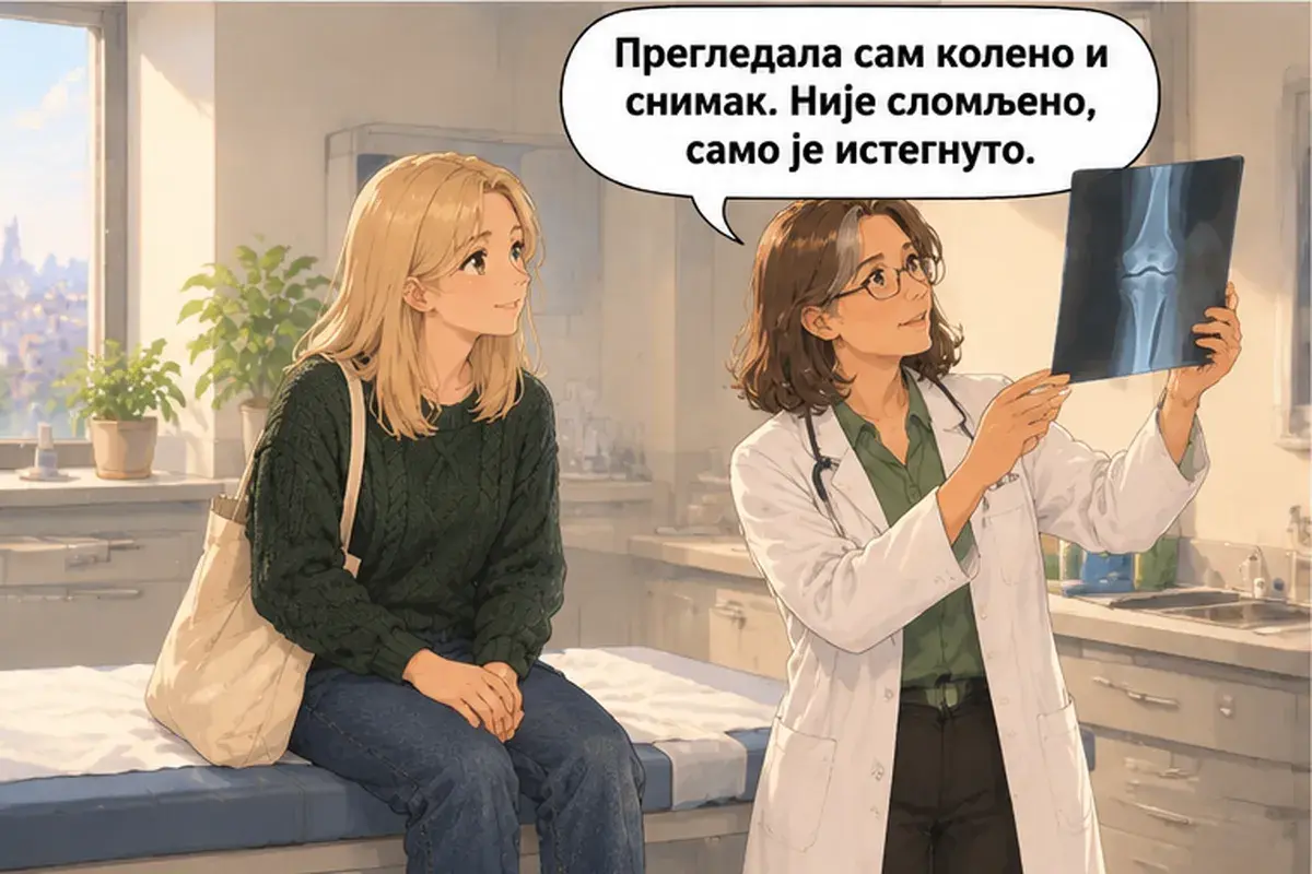 Кадр 11 из 16 к тексту «Я поскользнулась на льду»: «Я осмотрела колено и снимок. Не сломано, только растянуто.»