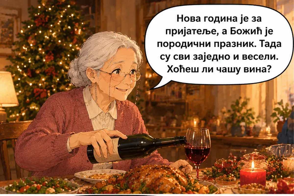 Кадр 9 из 14 к тексту «Почему Рождество седьмого января?»: «Новый год — для друзей, а Божич — семейный праздник. Тогда все вместе и всем весело. Хочешь бокал вина?»