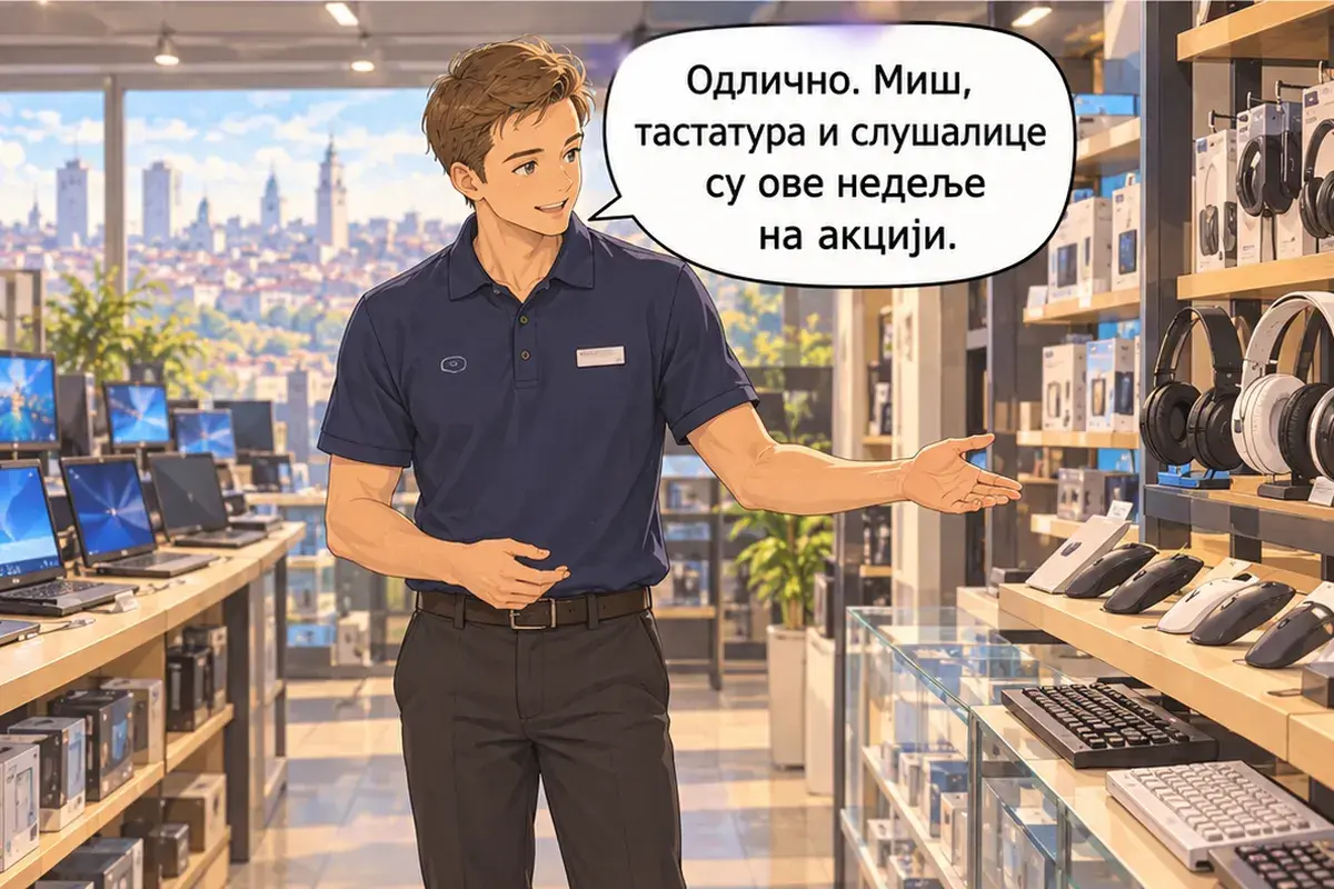 Кадр 14 из 15 к тексту «Этот монитор больше, но и дороже»: «Отлично. Мышь, клавиатура и наушники на этой неделе по скидке.»
