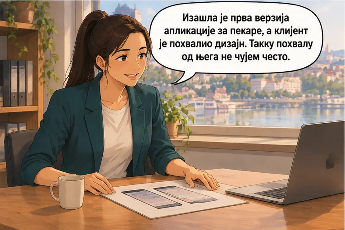 Кадр 3 из 15 к тексту «Когда будешь вести проект»: «Вышла первая версия приложения для пекарен, а клиент похвалил дизайн. Такую похвалу от него я слышу нечасто.»