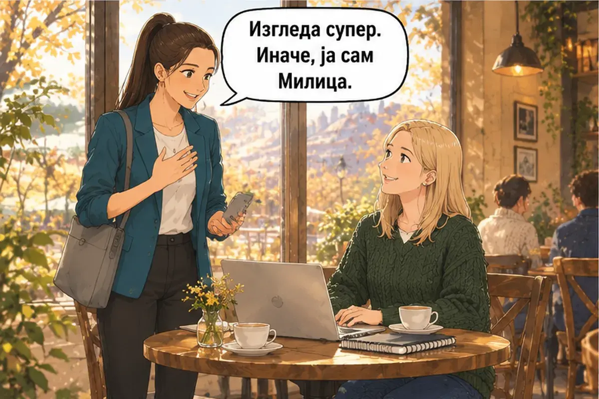 Кадр 3 из 14 к тексту «Извини, это твой дизайн?»: «Выглядит супер. Кстати, я Милица.»