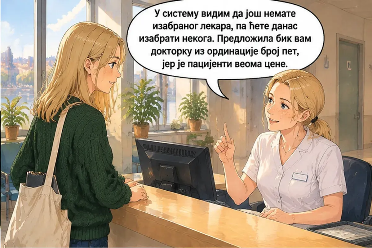 Кадр 6 из 16 к тексту «Скажите, кто ваш выбранный врач»: «В системе вижу, что у вас ещё нет выбранного врача, так что сегодня вы выберете кого-нибудь. Я бы предложила вам врача из кабинета номер пять, потому что…