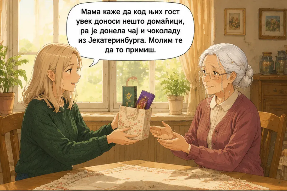 Кадр 6 из 13 к тексту «Скажи маме, что у неё дочь с добрым сердцем»: «Мама говорит, что у них гость всегда приносит что-нибудь хозяйке, поэтому она привезла чай и шоколад из Екатеринбурга. Прошу тебя, прими.»