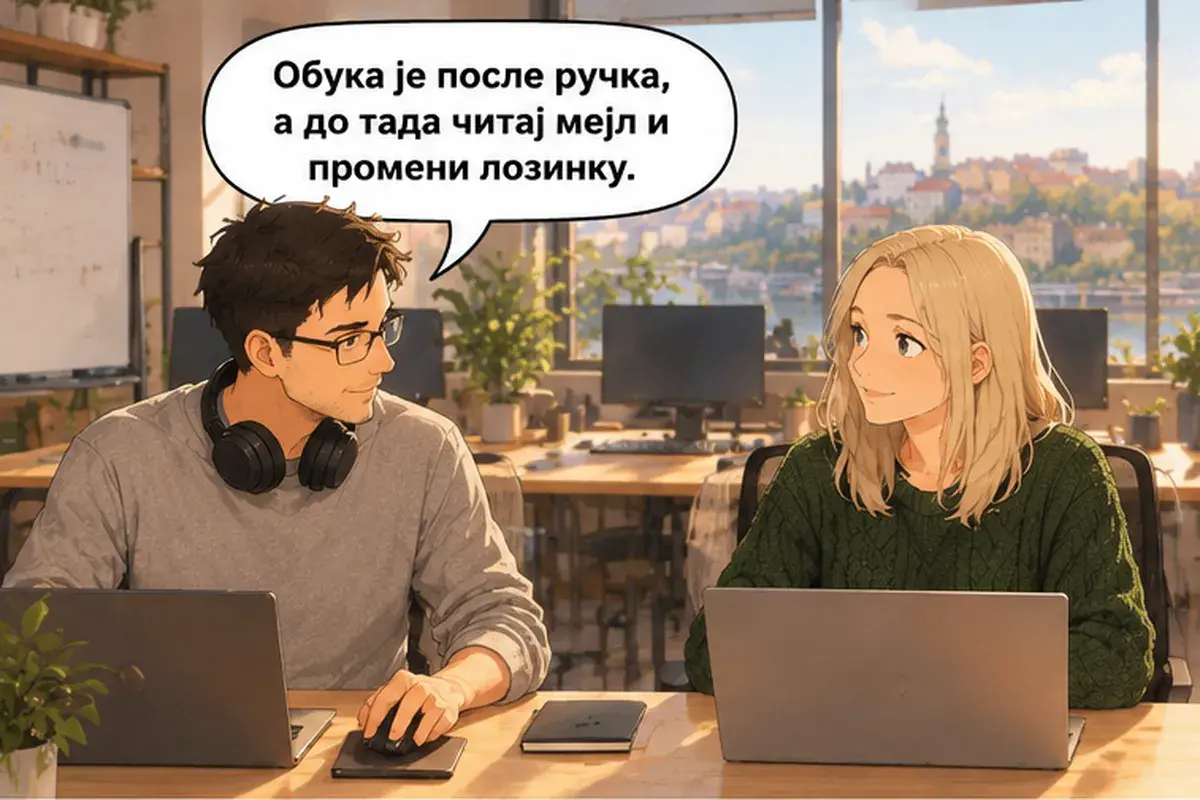 Кадр 13 из 16 к тексту «Пусть Душан покажет вам систему»: «Обучение после обеда. До этого читай письмо и смени пароль.»