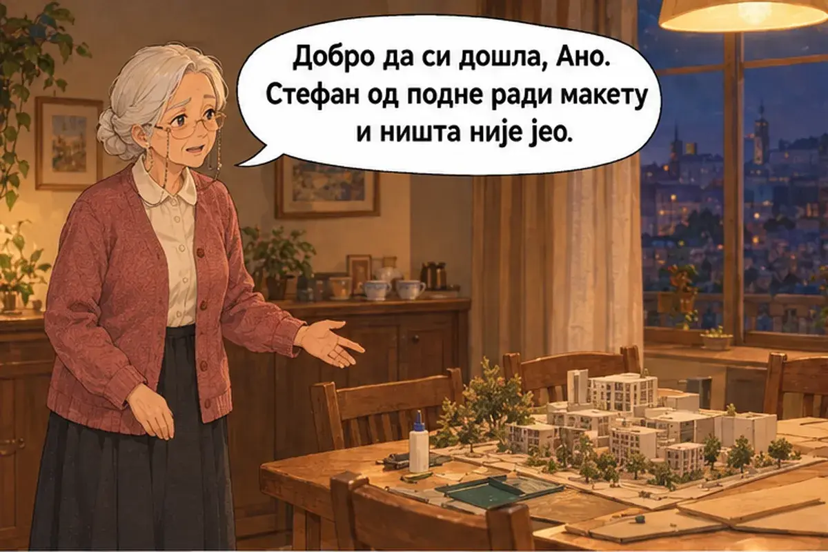 Кадр 1 из 14 к тексту «Расслабься и держись»: «Хорошо, что ты пришла, Аня. Стефан с полудня делает макет и ничего не ел.»