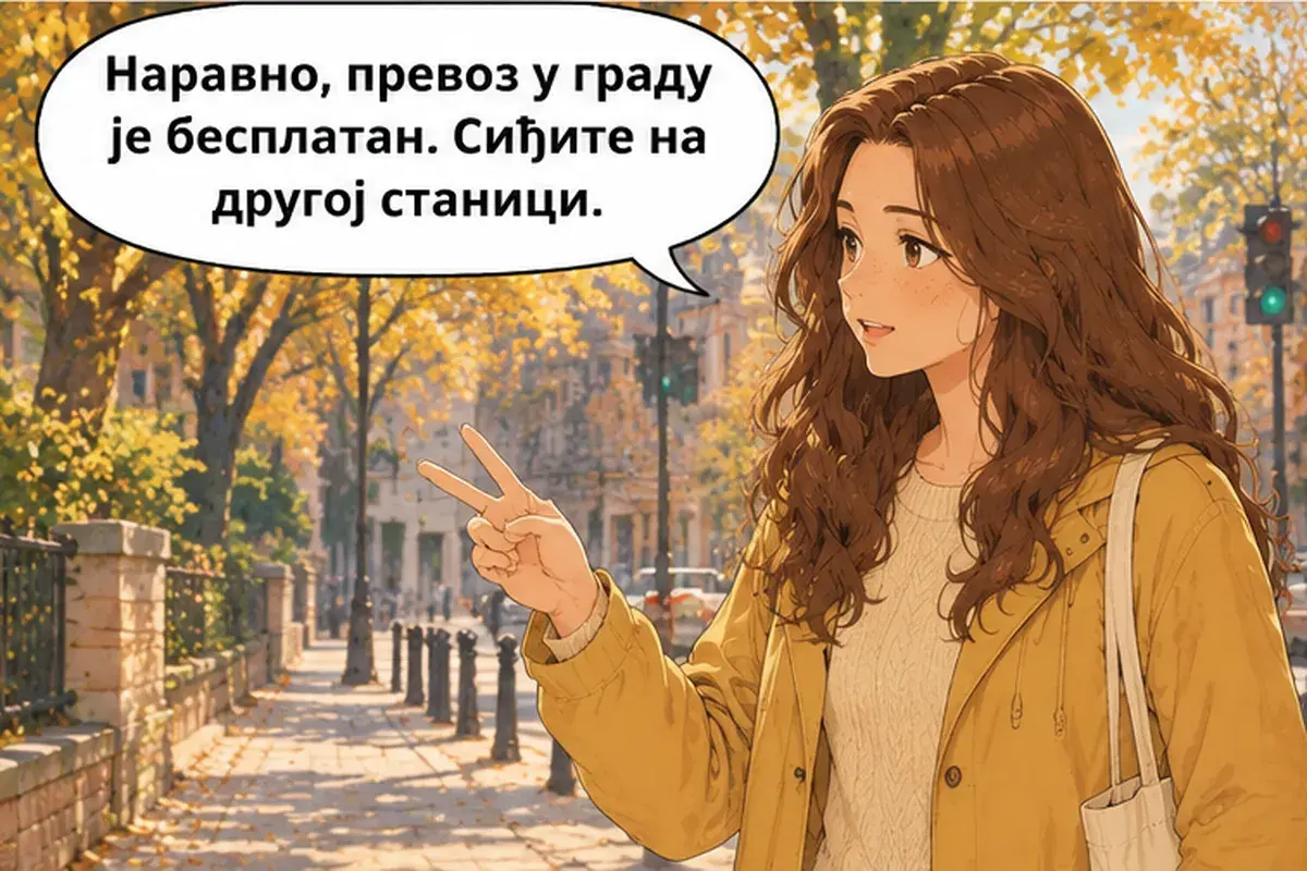 Кадр 12 из 14 к тексту «Идите прямо до светофора»: «Конечно, проезд в городе бесплатный. Выходите на второй остановке.»