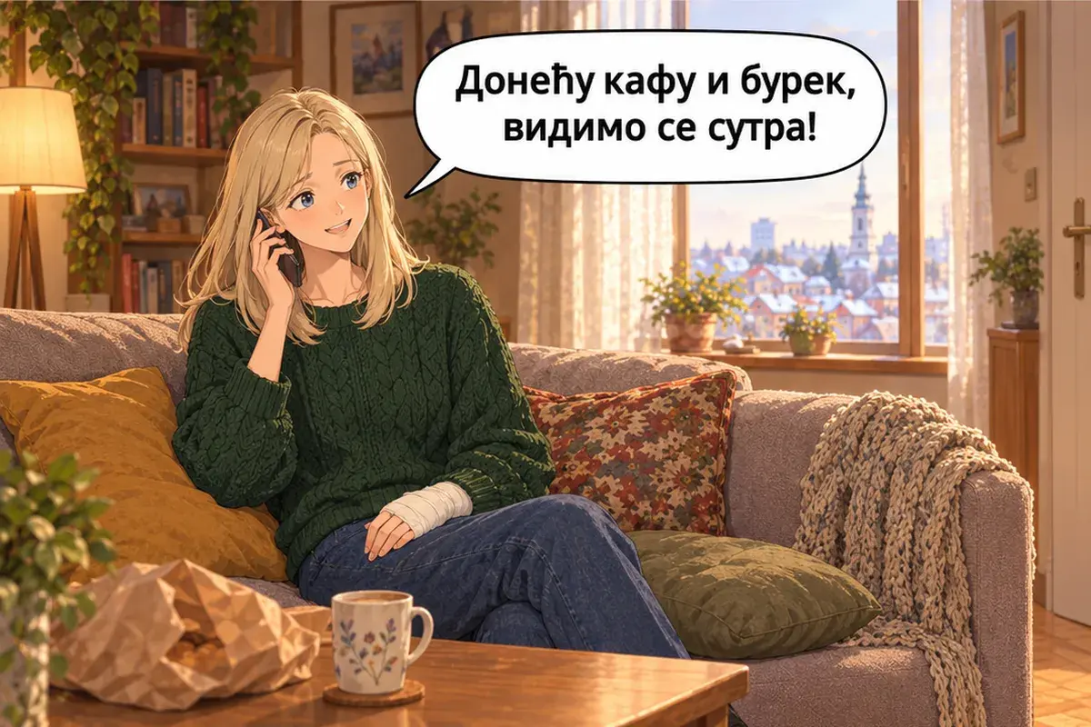 Кадр 6 из 6 к тексту «Мне надо побыть в покое»: «Принесу кофе и бурек, до завтра!»