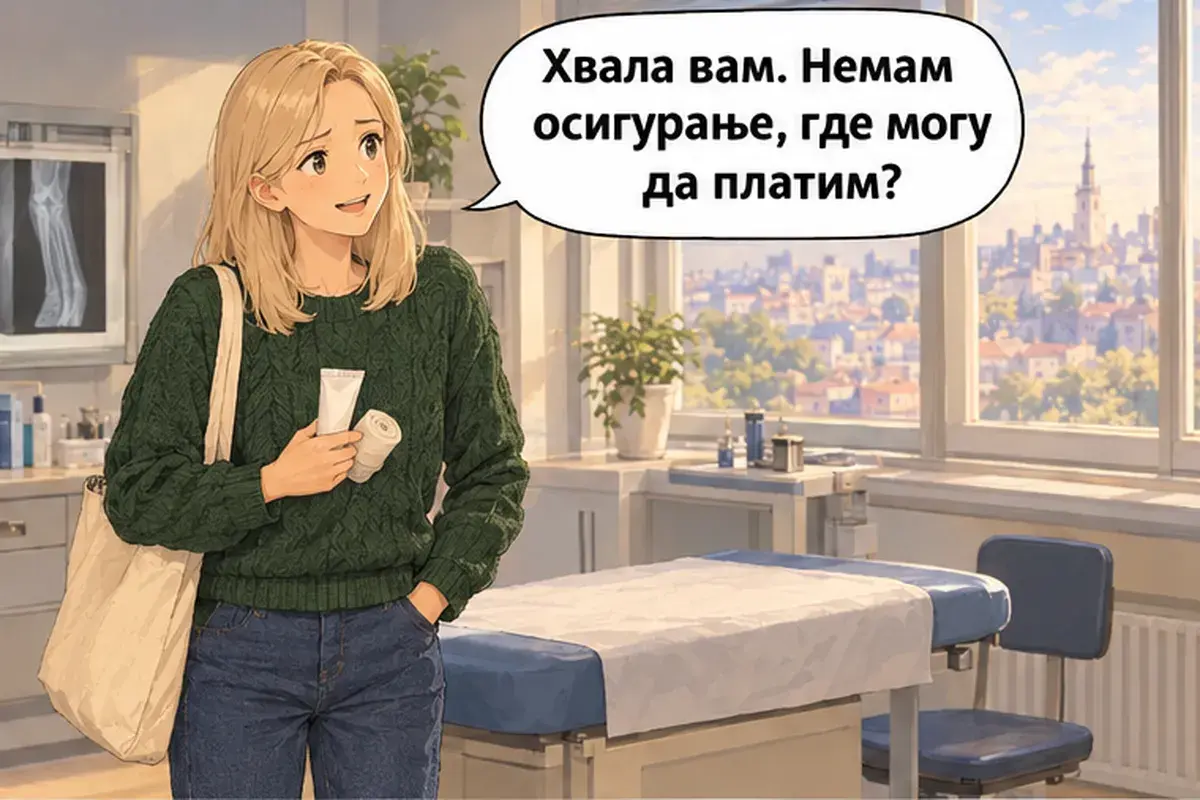 Кадр 14 из 16 к тексту «Я поскользнулась на льду»: «Спасибо. У меня нет страховки, где мне заплатить?»