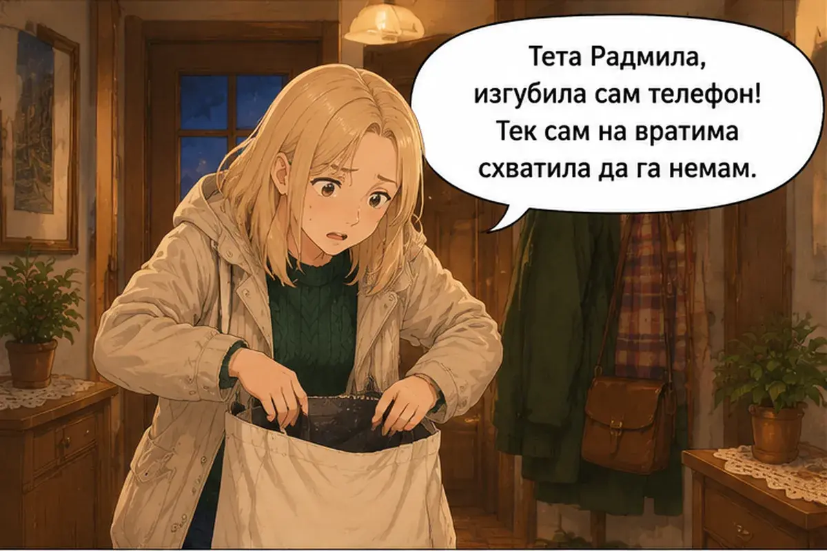 Кадр 1 из 15 к тексту «Ваш телефон у меня»: «Тётя Радмила, я потеряла телефон! Только у двери поняла, что его нет.»