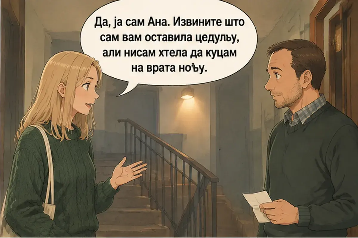Кадр 2 из 12 к тексту «Дом хороший, только через стены всё слышно»: «Да, я Аня. Извините, что оставила вам записку, но я не хотела стучать в дверь ночью.»