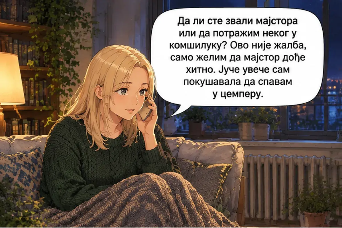 Кадр 5 из 13 к тексту «Я звонила вам и вчера»: «Вы звонили мастеру, или мне поискать кого-нибудь по соседству? Это не жалоба, я просто хочу, чтобы мастер пришёл срочно. Вчера вечером я пыталась уснуть в свитере.»