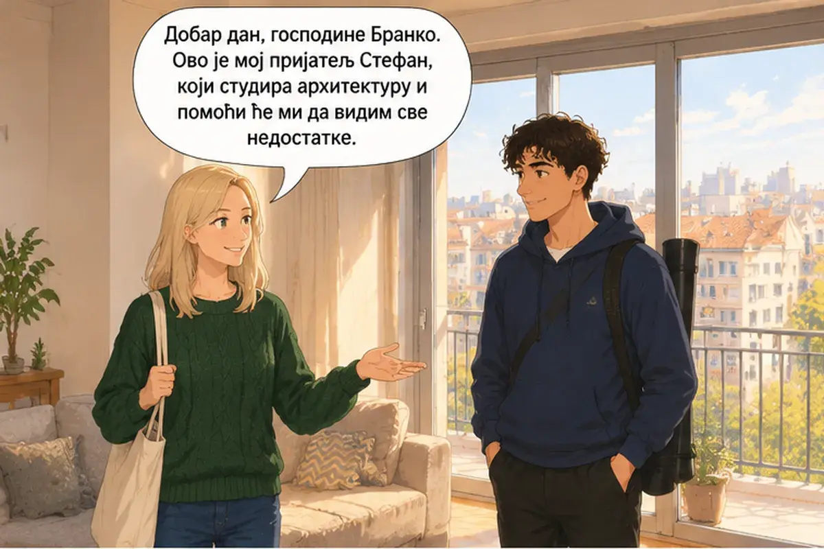Кадр 2 из 15 к тексту «Электричество вы платите отдельно»: «Добрый день, господин Бранко. Это мой друг Стефан, он учится на архитектора и поможет мне увидеть все недостатки.»