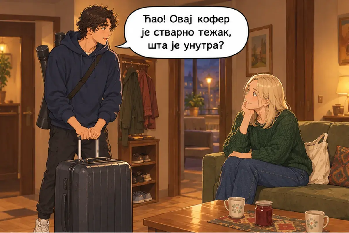 Кадр 9 из 14 к тексту «Давай перейдём на «ты»»: «Привет! Этот чемодан правда тяжёлый, что внутри?»