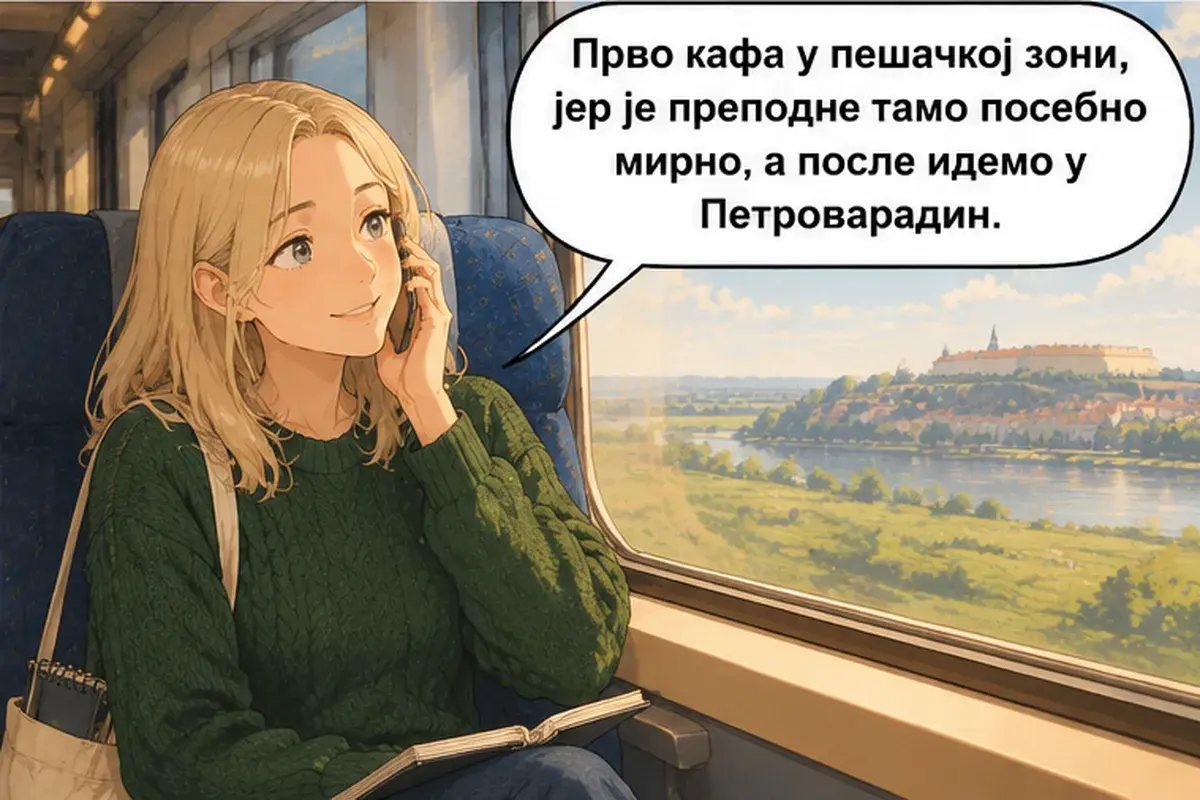 Кадр 12 из 15 к тексту «Когда приеду, где мне тебя ждать?»: «Сначала кофе в пешеходной зоне, потому что до обеда там особенно тихо, а потом идём в Петроварадин.»