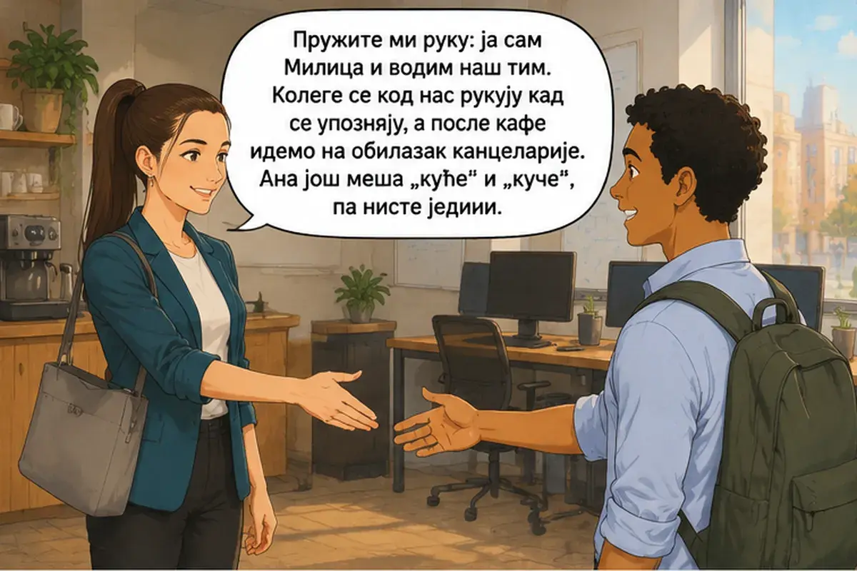 Кадр 6 из 16 к тексту «В команде мы все на «ты»»: «Протяните мне руку: я Милица, я руковожу нашей командой. Коллеги у нас здороваются за руку при знакомстве, а после кофе идём на экскурсию по офису. Аня до сих пор…