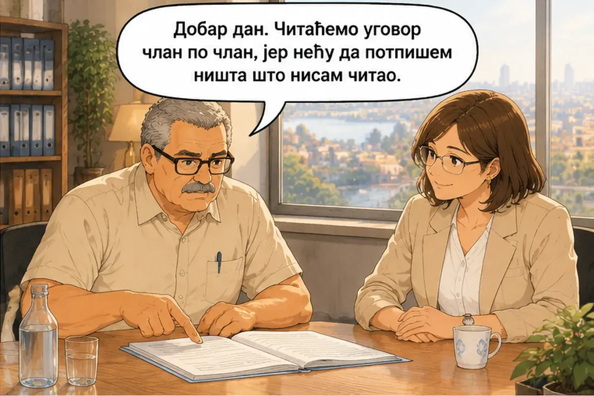 Кадр 2 из 14 к тексту «Будем читать договор пункт за пунктом»: «Добрый день. Будем читать договор пункт за пунктом, потому что я не стану подписывать то, чего не читал.»