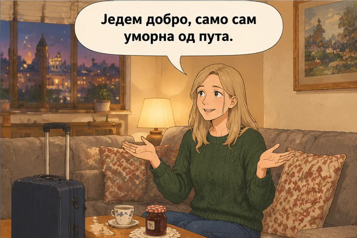 Кадр 8 из 14 к тексту «Давай перейдём на «ты»»: «Я хорошо ем, просто устала с дороги.»