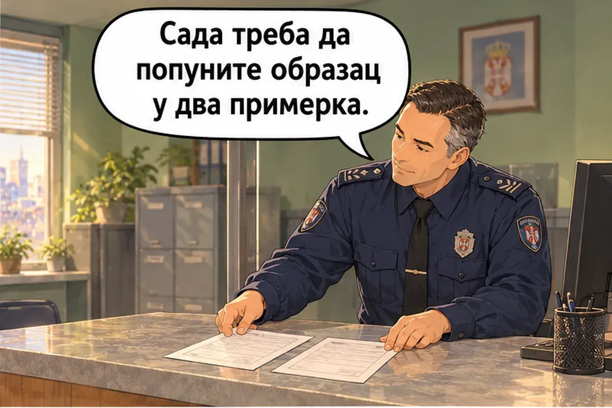 Кадр 10 из 16 к тексту «Я пришла зарегистрировать иностранца»: «Теперь нужно заполнить бланк в двух экземплярах.»