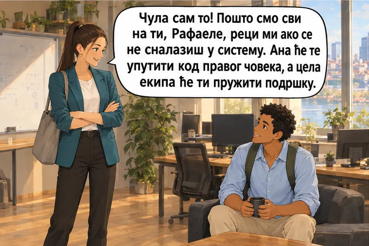 Кадр 15 из 16 к тексту «В команде мы все на «ты»»: «Я это слышала! Раз мы все на «ты», Рафаэль, скажи мне, если не сориентируешься в системе. Аня направит тебя к нужному человеку, а вся команда окажет тебе поддержку.»