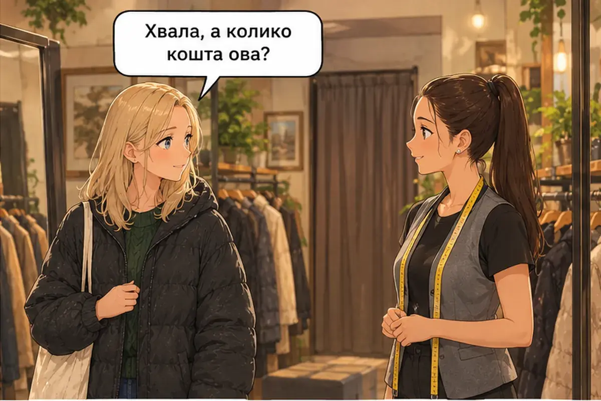 Кадр 10 из 14 к тексту «Можно примерить вон ту чёрную?»: «Спасибо, а сколько стоит эта?»