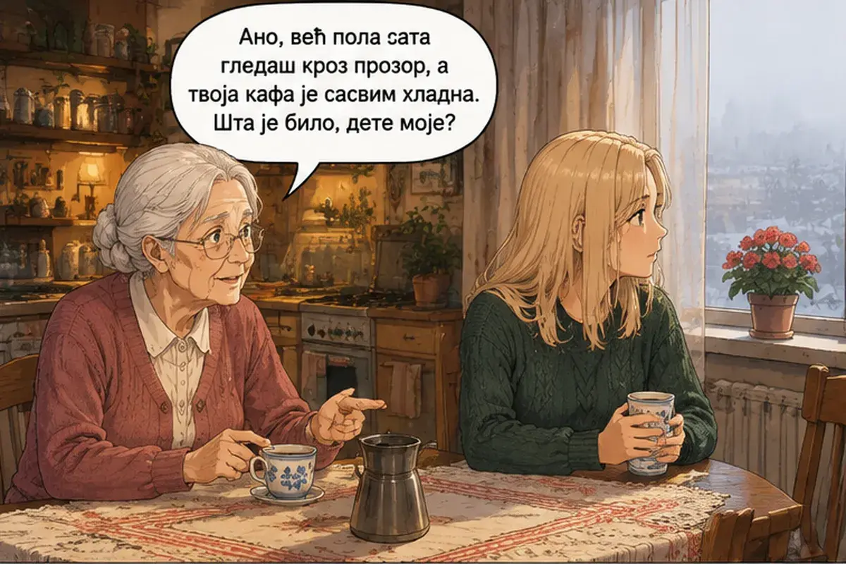 Кадр 1 из 13 к тексту «Неудивительно, что тебе тяжело»: «Аня, ты уже полчаса смотришь в окно, а твой кофе совсем остыл. Что случилось, деточка?»