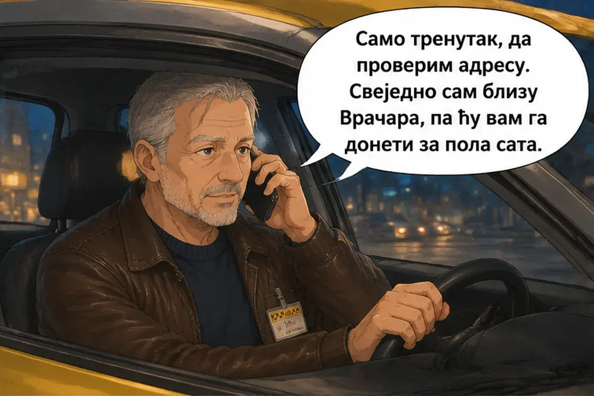 Кадр 9 из 15 к тексту «Ваш телефон у меня»: «Одну минутку, я проверю адрес. Я всё равно недалеко от Врачара, так что привезу его вам через полчаса.»