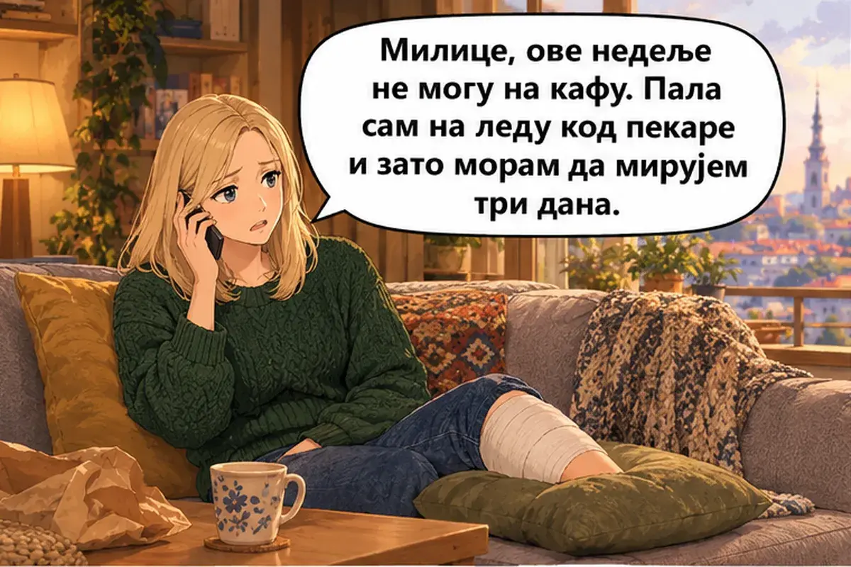 Кадр 1 из 6 к тексту «Мне надо побыть в покое»: «Милица, на этой неделе я не смогу прийти на кофе. Я упала на льду у пекарни, поэтому мне надо три дня побыть в покое.»