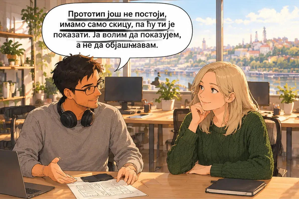 Кадр 9 из 16 к тексту «Пусть Душан покажет вам систему»: «Прототипа пока нет, есть только эскиз, так что я покажу его тебе. Я люблю показывать, а не объяснять.»