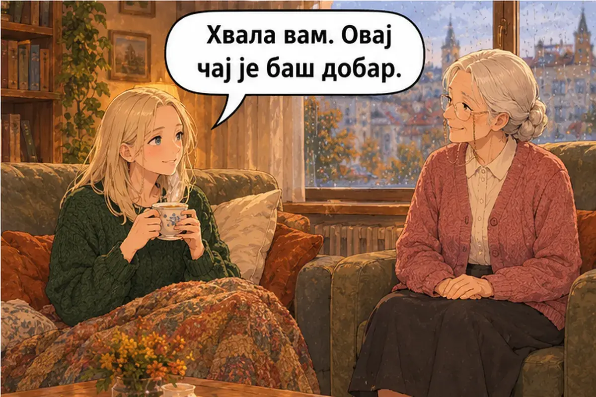 Кадр 4 из 13 к тексту «Спокойно, не волнуйтесь»: «Спасибо вам. Этот чай просто замечательный.»