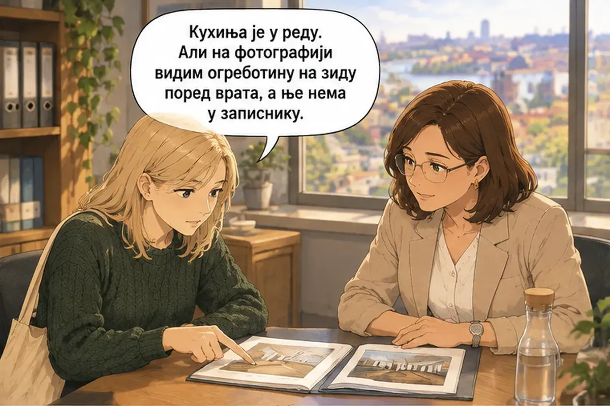 Кадр 9 из 14 к тексту «Будем читать договор пункт за пунктом»: «Кухня в порядке. Но на фотографии я вижу царапину на стене у двери, а в акте её нет.»