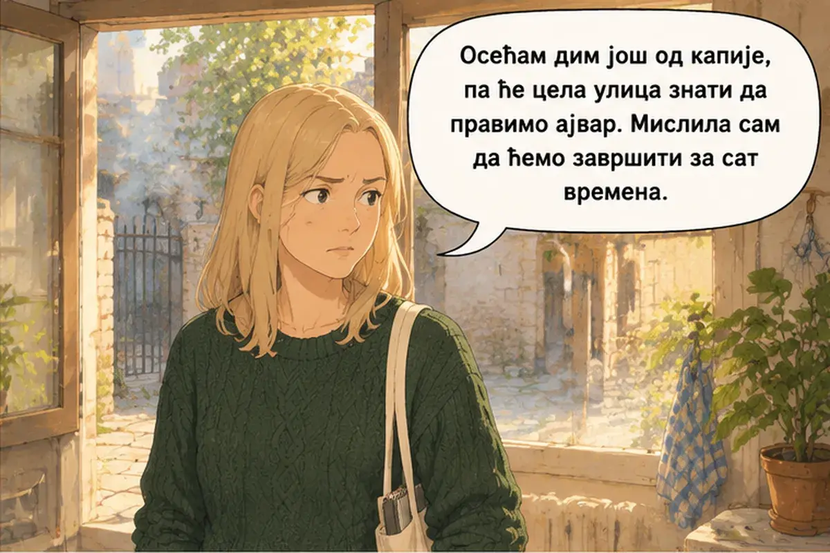 Кадр 2 из 13 к тексту «Айвар не делают на скорую руку»: «Я чувствую дым ещё от калитки, так что вся улица узнает, что мы делаем айвар. Я думала, мы закончим за час.»