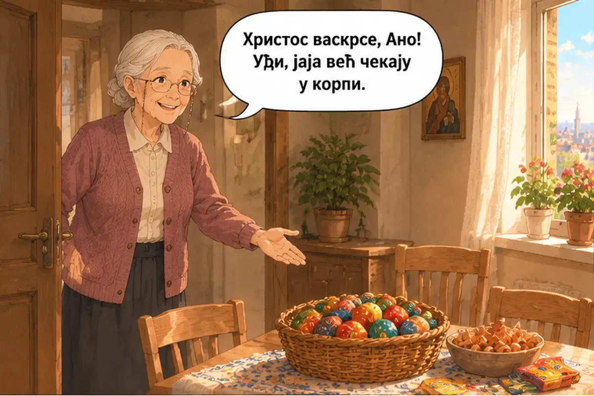 Кадр 1 из 13 к тексту «Чьё это яйцо?»: «Христос воскрес, Аня! Заходи, яйца уже ждут в корзине.»
