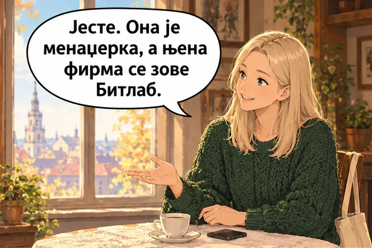 Кадр 10 из 12 к тексту «Аня, а чем вы занимаетесь?»: «Да. Она менеджер, а её фирма называется «Битлаб».»