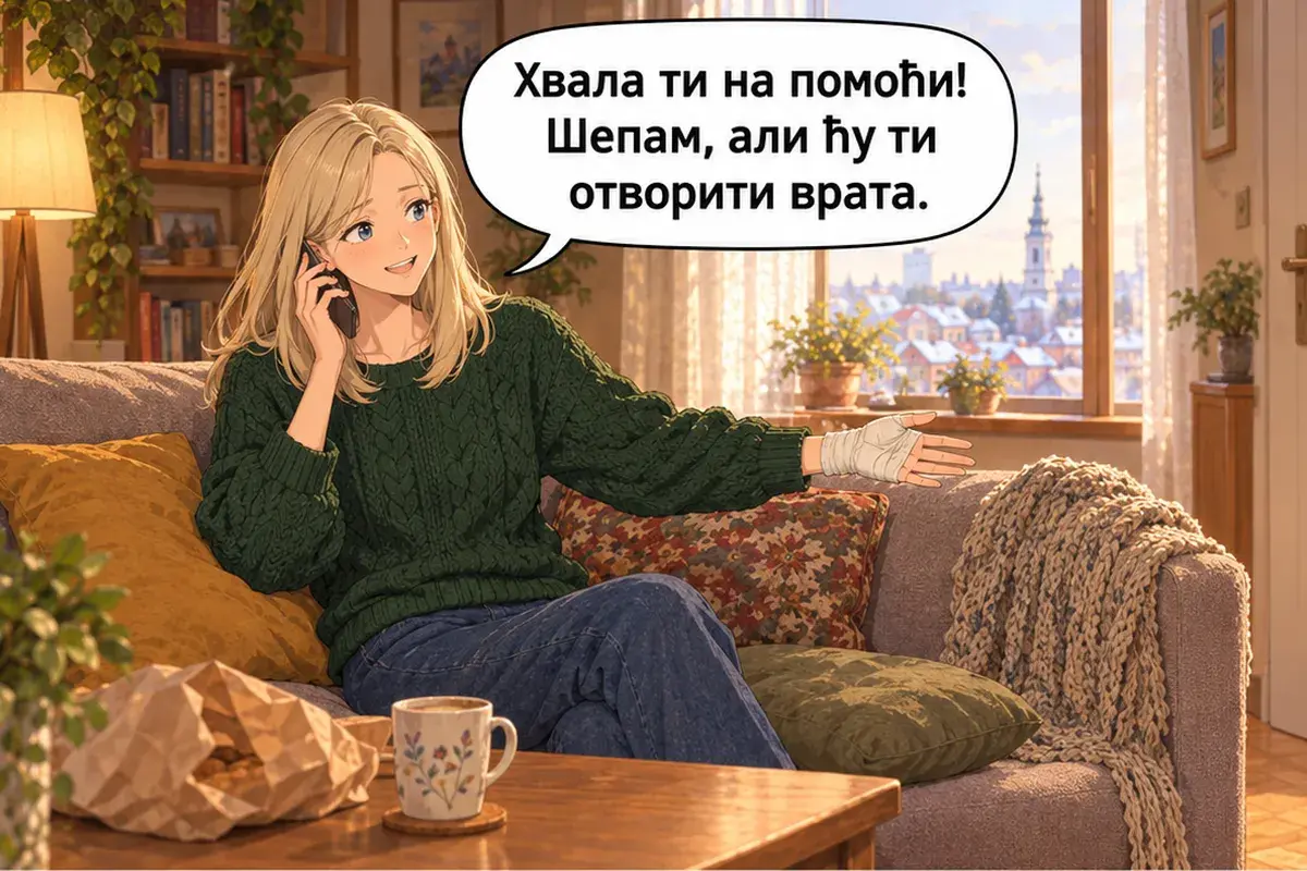 Кадр 5 из 6 к тексту «Мне надо побыть в покое»: «Спасибо за помощь! Я хромаю, но открою тебе дверь.»