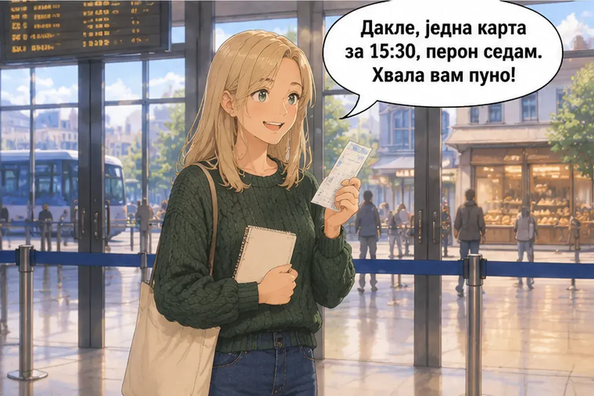 Кадр 15 из 16 к тексту «Один билет до Ниша на сегодня после обеда»: «Итак, один билет, 15:30, платформа семь. Большое вам спасибо!»