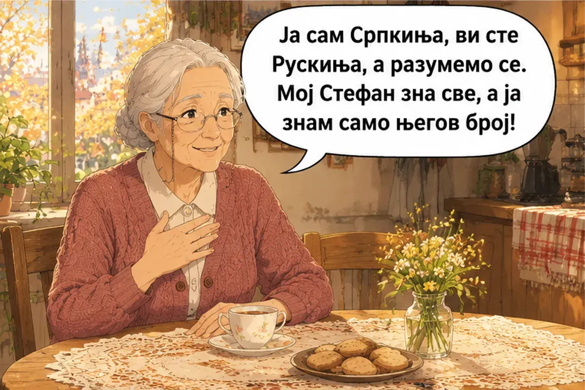 Кадр 7 из 12 к тексту «Аня, а чем вы занимаетесь?»: «Я сербка, вы русская, а мы понимаем друг друга. Мой Стефан знает всё, а я знаю только его номер!»