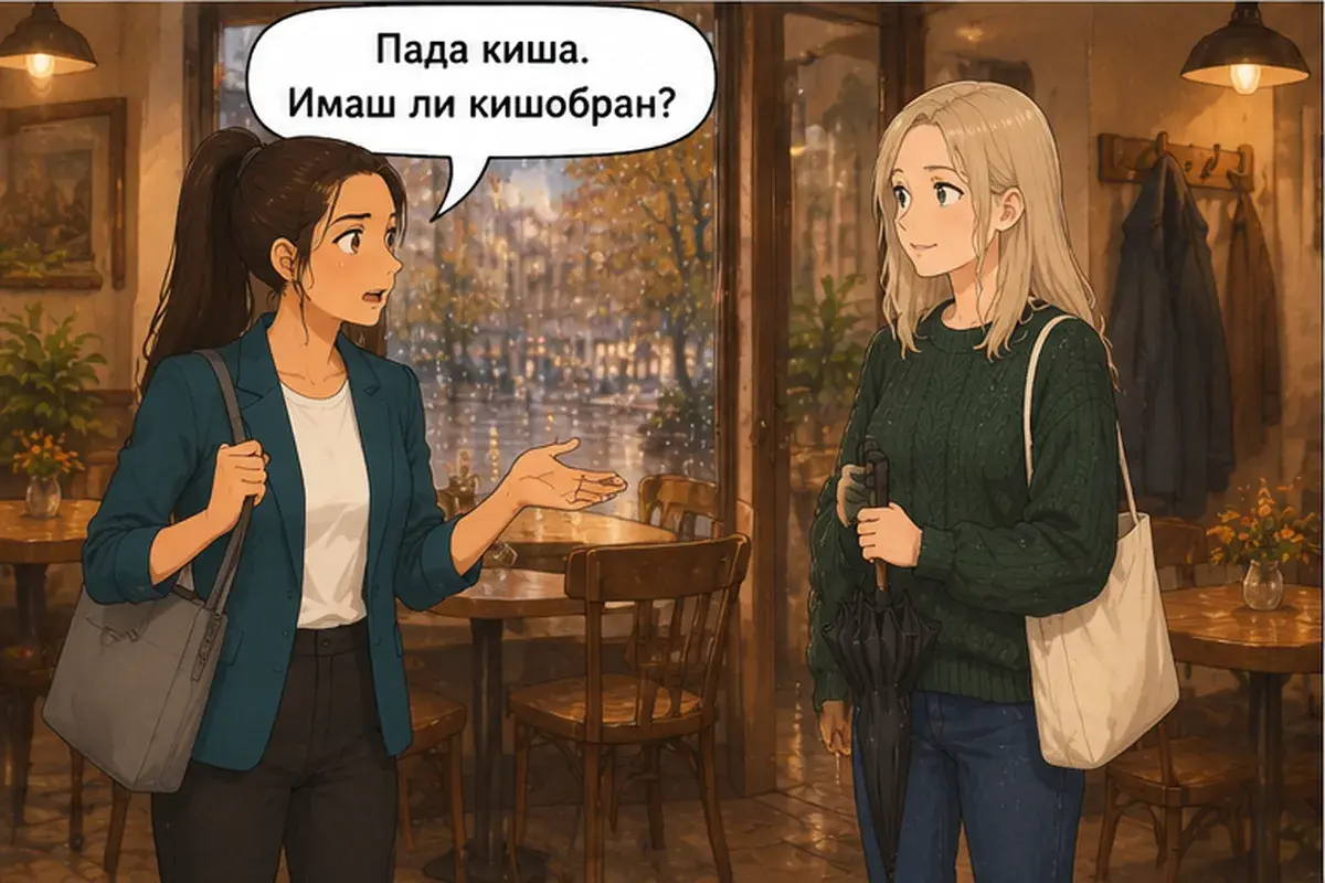 Кадр 3 из 13 к тексту «Какая погода в Екатеринбурге?»: «Идёт дождь. У тебя есть зонт?»