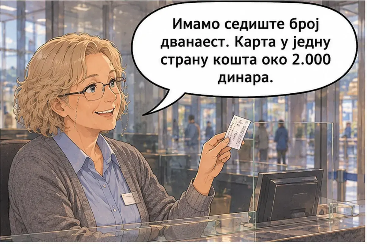 Кадр 4 из 16 к тексту «Один билет до Ниша на сегодня после обеда»: «Есть, место номер двенадцать. Билет в одну сторону стоит около 2.000 динаров.»