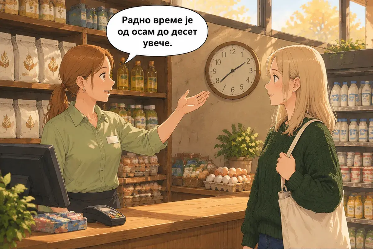 Кадр 13 из 14 к тексту «Подскажите, где касса?»: «Мы работаем с восьми утра до десяти вечера.»
