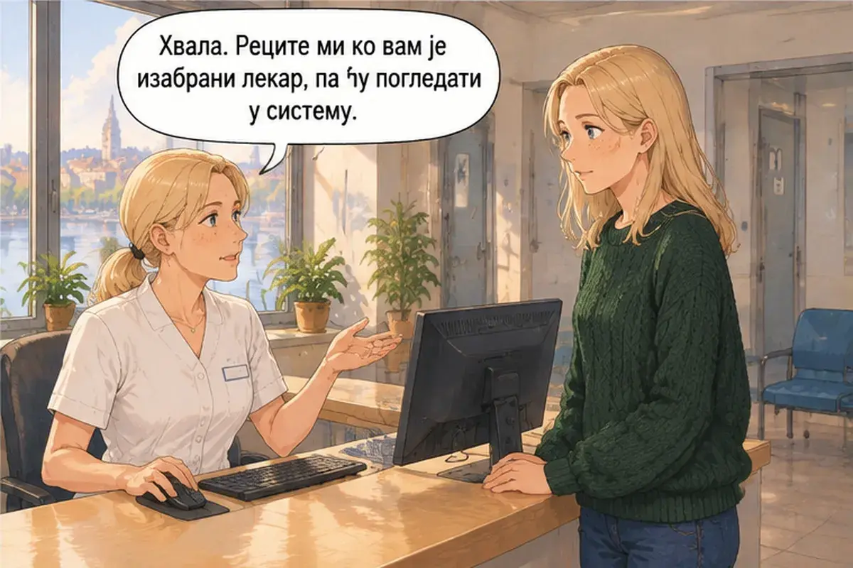 Кадр 4 из 16 к тексту «Скажите, кто ваш выбранный врач»: «Спасибо. Скажите, кто ваш выбранный врач, а я посмотрю в системе.»