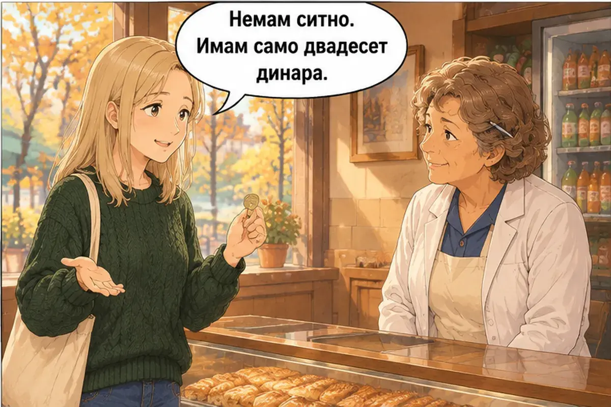 Кадр 12 из 14 к тексту «Здесь или с собой?»: «Мелочи нет. У меня только двадцать динаров.»