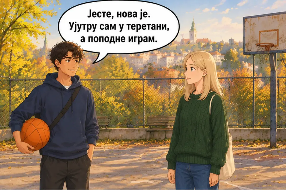 Кадр 2 из 12 к тексту «Что ты делаешь в свободное время?»: «Да, новый. Утром я в тренажёрном зале, а днём играю.»
