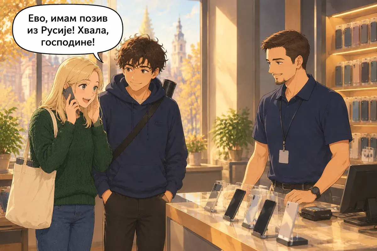 Кадр 15 из 15 к тексту «Мне нужна сим-карта.»: «Вот, мне уже звонят из России! Спасибо, господин!»
