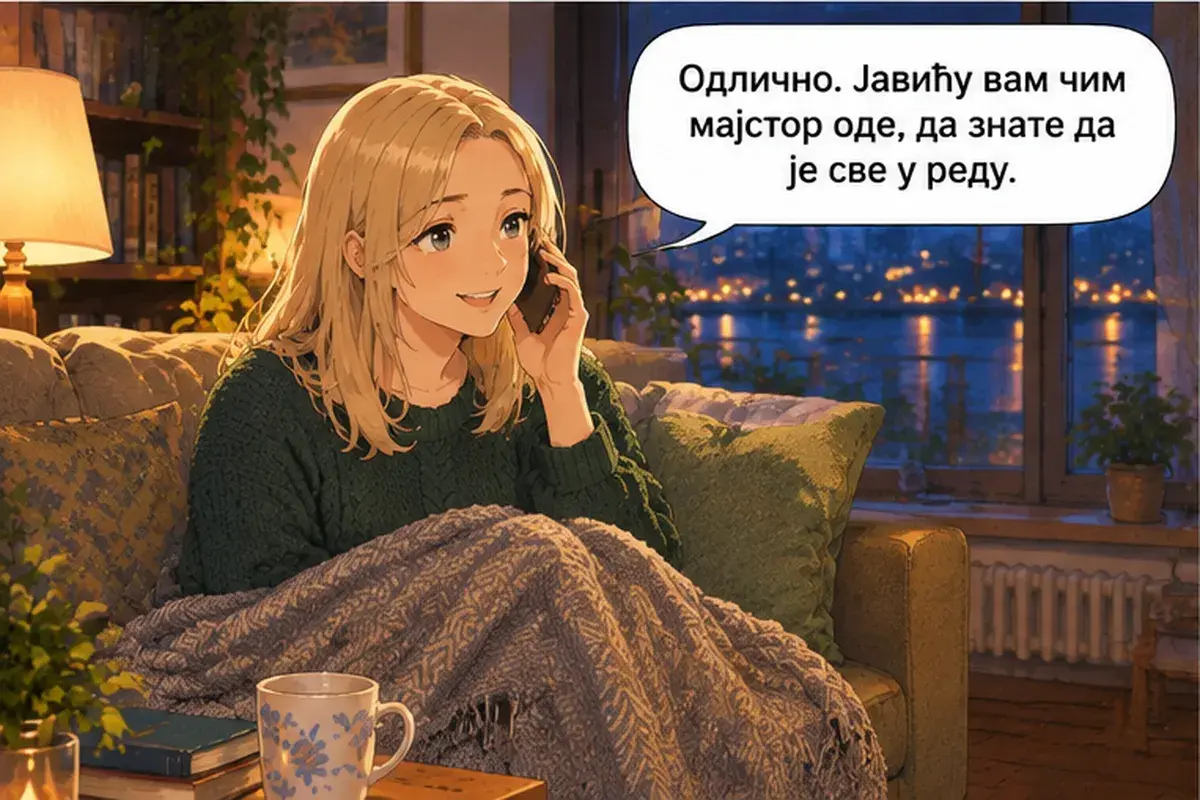 Кадр 11 из 13 к тексту «Я звонила вам и вчера»: «Отлично. Дам вам знать, как только мастер уйдёт, чтобы вы знали, что всё в порядке.»