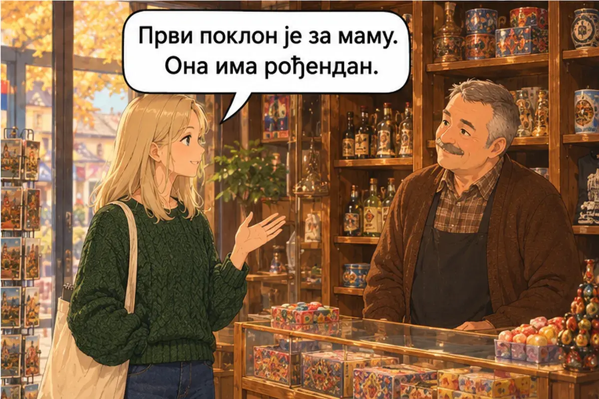 Кадр 4 из 14 к тексту «Я ищу подарки для семьи»: «Первый подарок для мамы. У неё день рождения.»