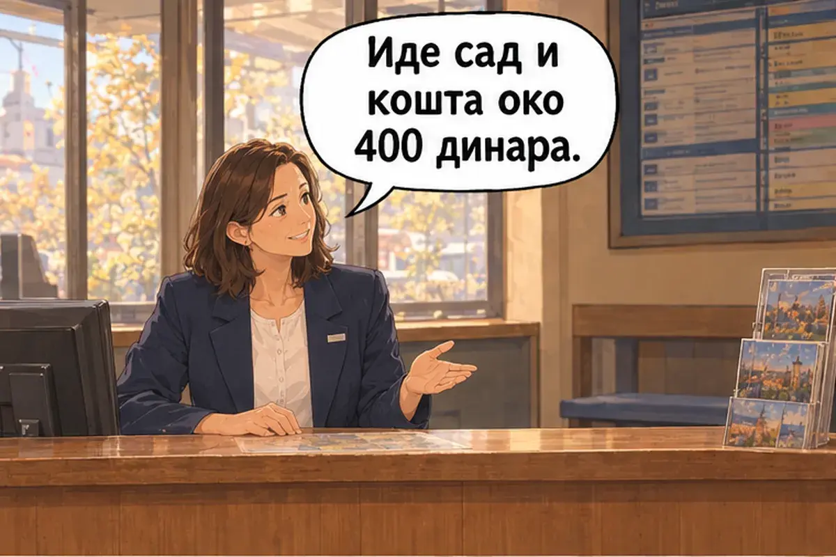 Кадр 5 из 12 к тексту «Как доехать до центра?»: «Идёт сейчас и стоит около 400 динаров.»